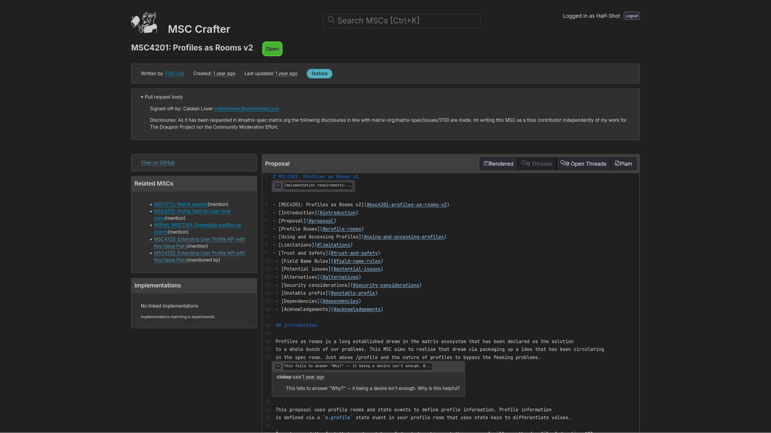 A screenshot of the MSC Crafter, a web app that displays the content of a MSC and the related MSCs. It also shows the open threads or the rendered MSC.